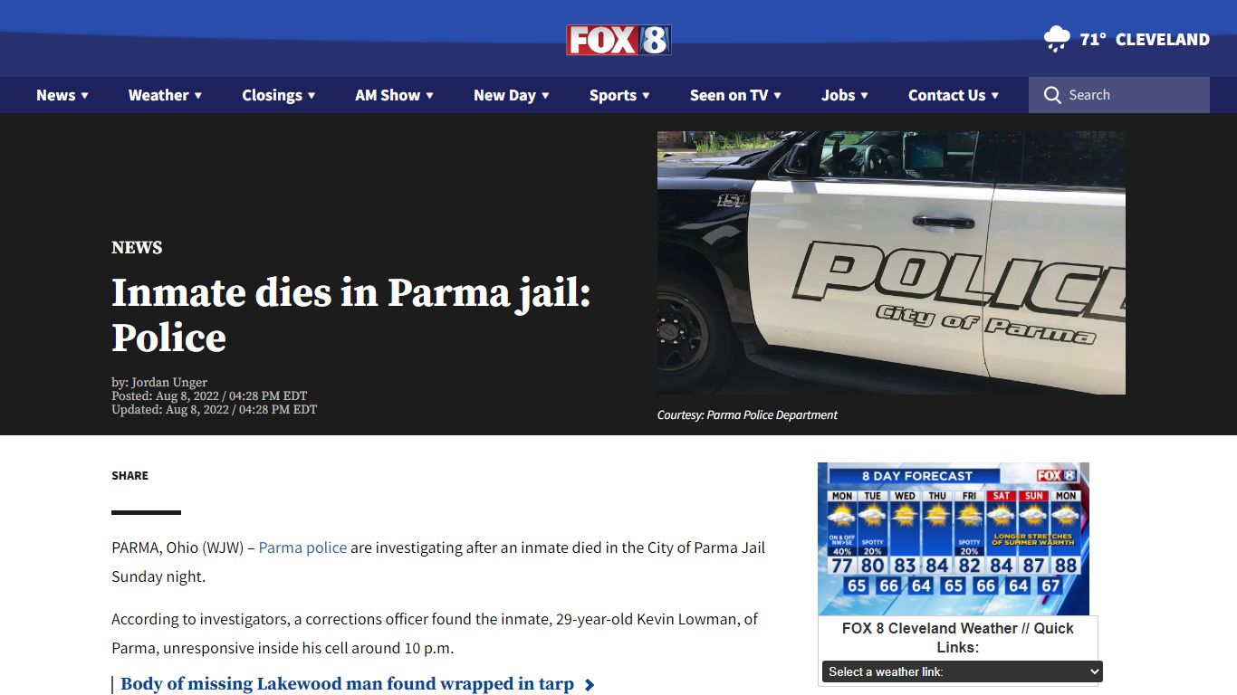 Inmate dies in Parma jail: Police - fox8.com